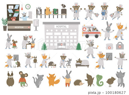 Big vector medical set with animals. Cute funny hospital building, ambulance car, reception hall, doctors, patients isolated on white. Health care concept for children. 100180627