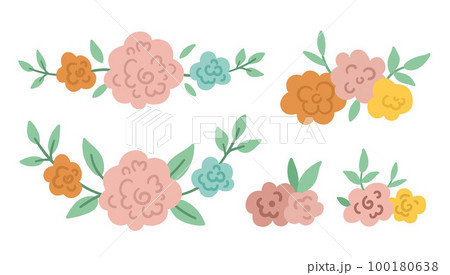 Vector floral horizontal decorative elements set. Collection of flat illustration with rose flowers, leaves, branches. Beautiful spring or summer bouquet isolated on white background 100180638