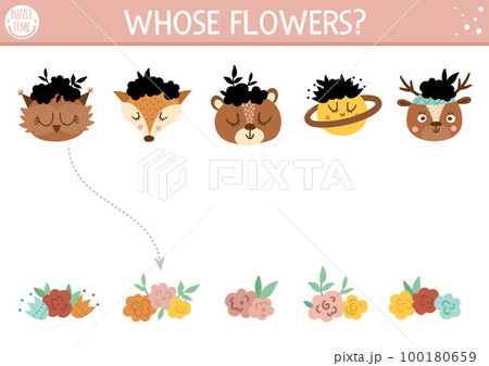 Mothers day shadow matching activity for children with cute animal and flowers on heads. Fun game with cute ethnic boho forest animals game for kids. Find correct silhouette printable worksheet. 100180659