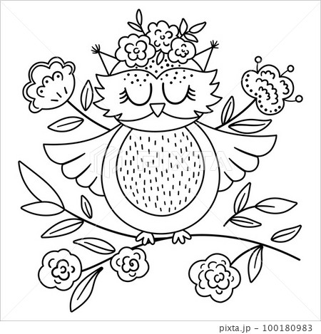 Vector bohemian owl with flowers on head. Woodland black and white bird isolated on white background. Boho forest floral composition with animal. Forest coloring page. 100180983