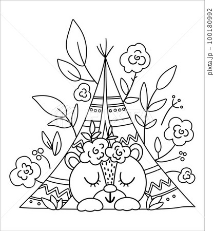 Vector bohemian bear sleeping in wigwam with flowers on head. Woodland black and white animal isolated on white background. Boho forest floral composition. Forest coloring page. 100180992