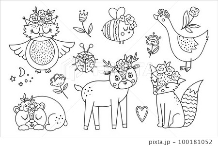 Vector black and white woodland animals, insects and birds collection. Boho line forest set. Bohemian fox, owl, bear, deer, ladybug, goose with flowers on heads. Celestial clip art pack Vector black and white woodland animals, insects and birds collection. Boho line forest set. Bohemian fox, owl, bear, deer, ladybug, goose with flowers on heads. Celestial clip art pack 100181052