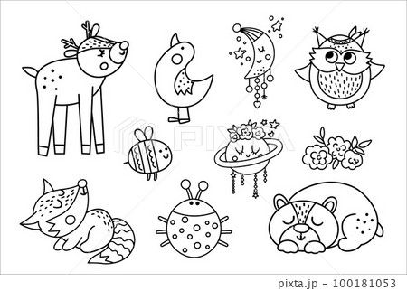 Vector black and white woodland baby animals, insects and birds collection. Boho line forest set. Bohemian little fox, owl, bear, deer, ladybug, goose with flowers, planet, half moon. 100181053