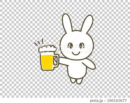 A pop rabbit toasting with a draft beer full of bubbles_plain background A pop rabbit toasting with a draft beer full of bubbles_plain background 100181677