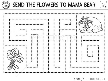 Mothers day black and white maze for children. Holiday preschool printable activity. Funny family love line game or coloring page with cute mama bear. Mother and baby or Valentine labyrinth. Mothers day black and white maze for children. Holiday preschool printable activity. Funny family love line game or coloring page with cute mama bear. Mother and baby or Valentine labyrinth. 100181994