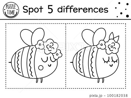 Forest find differences game for children with cute bumblebee. Woodland black and white activity and coloring page with insect. Spring printable worksheet. 100182038