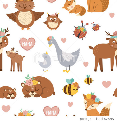 Vector seamless pattern with cute boho baby animals and parents. Funny woodland animal repeating background. Mothers Day digital paper. Mother and child texture, family love concept. Vector seamless pattern with cute boho baby animals and parents. Funny woodland animal repeating background. Mothers Day digital paper. Mother and child texture, family love concept. 100182395