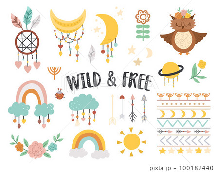 Vector wild and free elements collection. Bohemian illustrations set. Half moon, planet, dream catcher, flowers, arrows, owl isolated on white background. Baby boho icons pack with cute characters. 100182440