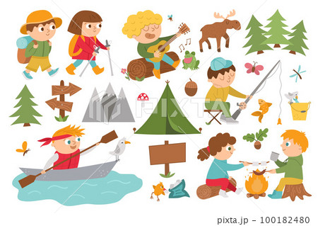Vector cute children doing summer camp activities. Kids hiking, fishing, rafting, eating marshmallow and sausage by the fire and playing the guitar. Outdoor tourists, nature and animals icons set. Vector cute children doing summer camp activities. Kids hiking, fishing, rafting, eating marshmallow and sausage by the fire and playing the guitar. Outdoor tourists, nature and animals icons set. 100182480
