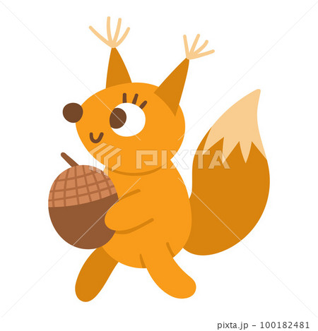 Vector squirrel carrying acorn. Funny woodland animal icon. Cute forest illustration for kids isolated on white background. Vector squirrel carrying acorn. Funny woodland animal icon. Cute forest illustration for kids isolated on white background. 100182481