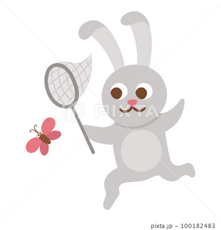 Vector hare catching a butterfly with a net. Funny woodland animal. Cute forest illustration for kids isolated on white background. Playful rabbit icon Vector hare catching a butterfly with a net. Funny woodland animal. Cute forest illustration for kids isolated on white background. Playful rabbit icon 100182483