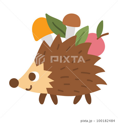 Vector hedgehog carrying mushrooms and apple. Funny woodland animal icon. Cute forest illustration for kids isolated on white background. 100182484