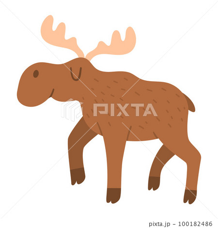Vector cartoon moose. Funny woodland animal. Cute forest illustration for kids isolated on white background. Adorable walking elk icon Vector cartoon moose. Funny woodland animal. Cute forest illustration for kids isolated on white background. Adorable walking elk icon 100182486