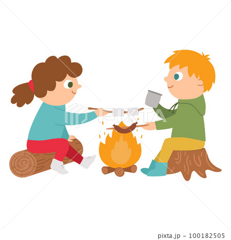 Vector cute boy and girl sitting by the fire and frying sausage and marshmallow. Campfire activity scene with cute kids. Travelers isolated on white background. Outdoor or summer camp icon. 100182505
