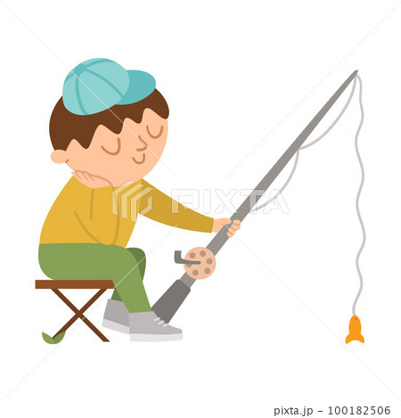 Vector cute boy sitting on a folding chair and fishing. Campfire activity scene with cute kid and rod. Traveler isolated on white background. Outdoor or summer camp tourist icon. Vector cute boy sitting on a folding chair and fishing. Campfire activity scene with cute kid and rod. Traveler isolated on white background. Outdoor or summer camp tourist icon. 100182506