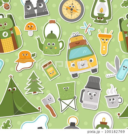 Vector summer camp seamless pattern with cute kawaii stickers. Camping, hiking, fishing equipment patches repeat background. Outdoor nature tourism digital paper with backpack, van, tent. 100182769