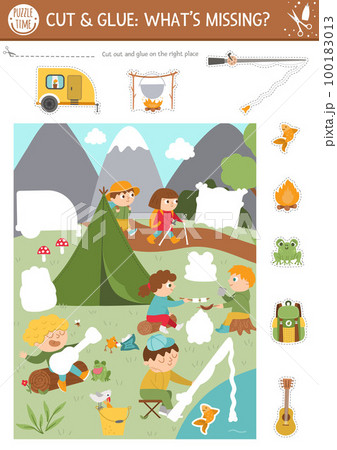 Vector camping cut and glue activity. Summer camp educational crafting game with cute scene with kids in the forest. Fun printable worksheet for children. What is missing page. Complete the picture Vector camping cut and glue activity. Summer camp educational crafting game with cute scene with kids in the forest. Fun printable worksheet for children. What is missing page. Complete the picture 100183013