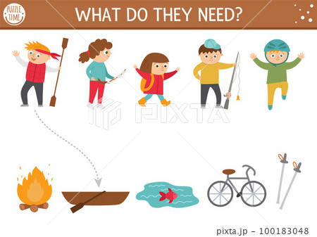 Summer camp matching activity with cute children. Family nature trip puzzle. Kids with paddle, rod, helmet. Find the correct object printable worksheet or game with boat, fire, bicycle. 100183048