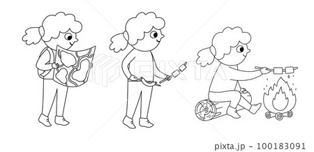 Black and white girl doing summer activities. Cute outline kid walking with map and sitting in front of the fire with marshmallow and sausage. Vector summer camp set. Camping character icon 100183091