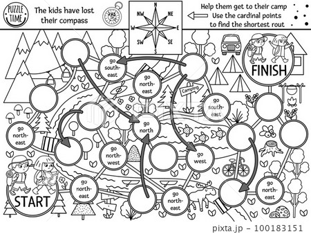 Black and white summer camp dice board game for children with map, compass points. Active holidays outline boardgame with hiking children going to camp. Family road trip activity or coloring page 100183151