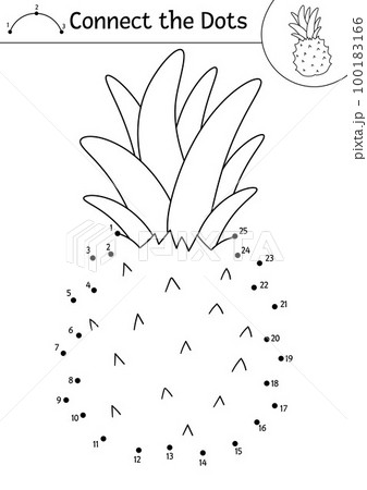 Vector dot-to-dot and color activity with pineapple. Summer connect the dots game for children with funny exotic fruit. Tropical coloring page for kids. 100183166