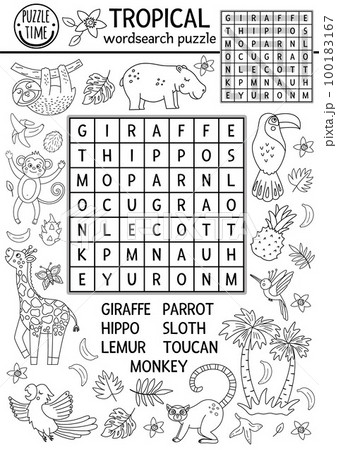 Vector black and white tropical wordsearch puzzle for kids. Simple summer crossword with exotic animals and birds for children. Keyword activity with cute funny giraffe, hippo, parrot, monkey 100183167