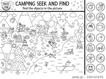 Vector black and white camping searching game...のイラスト素材 [100183476] - PIXTA