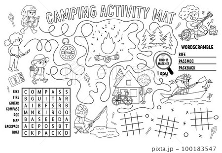 Vector camping placemat. Summer camp holidays printable activity mat with maze, tic tac toe charts, connect the dots, wordsearch. Black and white play mat or coloring page with cute kids Vector camping placemat. Summer camp holidays printable activity mat with maze, tic tac toe charts, connect the dots, wordsearch. Black and white play mat or coloring page with cute kids 100183547