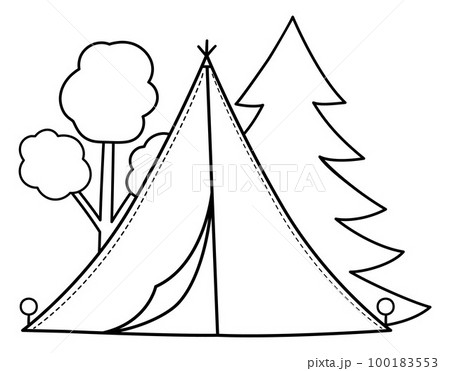 Summer camp black and white scene with tent and forest. Vector campfire illustration. Active holidays or local tourism woodland landscape outline design for postcards, prints, infographics. 100183553