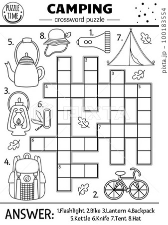 Vector black and white camping crossword puzzle for kids. Simple Summer camp outline quiz with forest equipment. Activity with lantern, tent, backpack. Road trip cross word or coloring page. 100183554