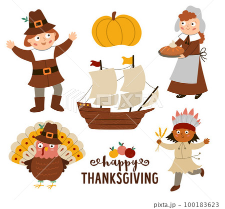Thanksgiving Day characters set. Vector Autumn icons collection with pilgrims, native Indian, ship, turkey, pumpkin. Cute fall holiday collection Thanksgiving Day characters set. Vector Autumn icons collection with pilgrims, native Indian, ship, turkey, pumpkin. Cute fall holiday collection 100183623