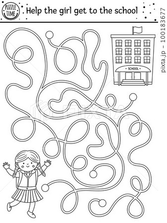 Back to school black and white maze for children. Preschool outline printable educational activity or coloring page. Funny puzzle with cute schoolgirl. Help the girl get to the school. Autumn game Back to school black and white maze for children. Preschool outline printable educational activity or coloring page. Funny puzzle with cute schoolgirl. Help the girl get to the school. Autumn game 100183677