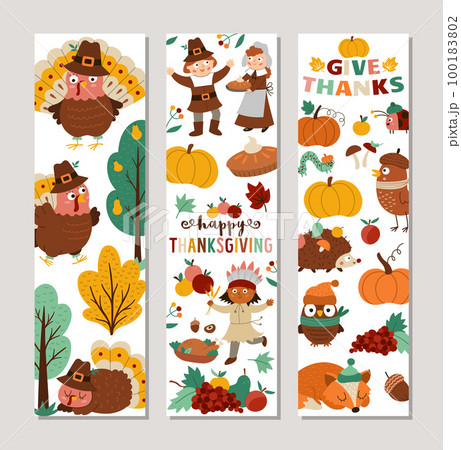 Cute set of Thanksgiving vertical cards with...のイラスト素材