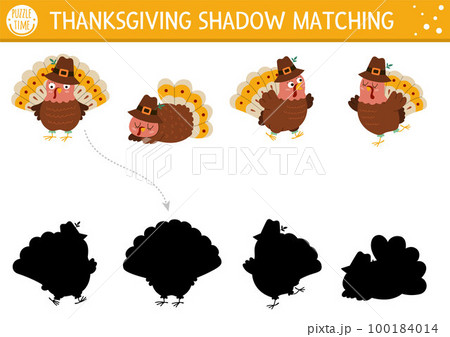 Thanksgiving shadow matching activity with cute turkeys. Autumn holiday puzzle with traditional birds. Find the correct silhouette printable worksheet or game. Fall or farm page for kids 100184014