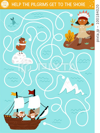 Thanksgiving Day maze for children. Autumn holiday preschool printable activity. Fall labyrinth game or puzzle with first Americans sailing on Mayflower and native Indian. Help pilgrims get to shore Thanksgiving Day maze for children. Autumn holiday preschool printable activity. Fall labyrinth game or puzzle with first Americans sailing on Mayflower and native Indian. Help pilgrims get to shore 100184020