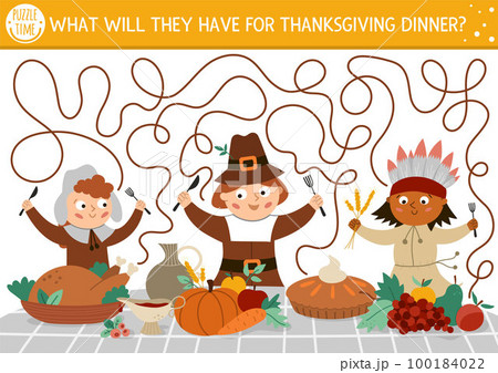 Thanksgiving Day maze for children. Autumn holiday preschool printable activity. Fall labyrinth game or puzzle with first Americans, native Indian, holiday festive food. What will they have for 100184022