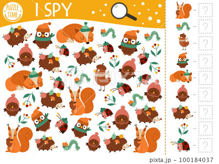 Autumn forest I spy game for kids. Fall searching and counting activity for preschool children with woodland animals, birds, insects. Funny printable worksheet for kids. Simple spotting puzzle. 100184037