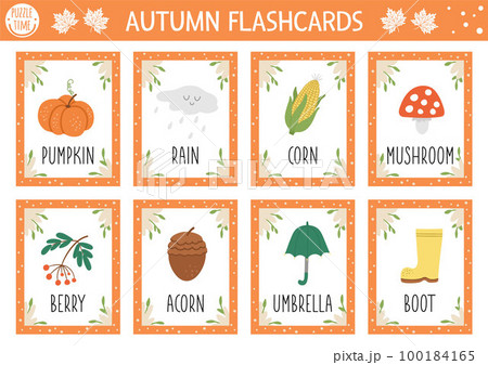 Vector Autumn flash cards set. English language game with cute pumpkin, mushroom, umbrella, acorn for kids. Fall season flashcards. Simple educational printable worksheet. Vector Autumn flash cards set. English language game with cute pumpkin, mushroom, umbrella, acorn for kids. Fall season flashcards. Simple educational printable worksheet. 100184165
