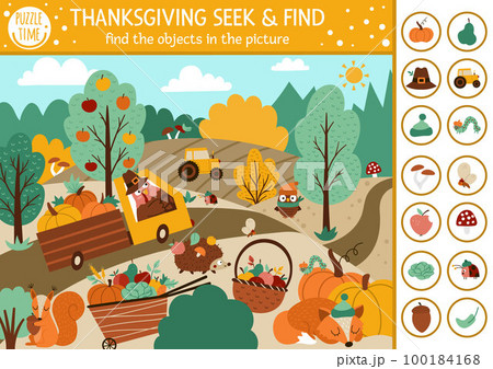 Vector Thanksgiving searching game with cute animals in the farm field. Spot hidden objects in the picture. Simple seek and find autumn educational printable activity. Fall holiday family quiz 100184168