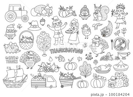 Vector black and white Thanksgiving elements set. Autumn line icons collection with funny pilgrims, native American, turkey, animals, harvest, cornucopia, pumpkins. Outline fall holiday pack Vector black and white Thanksgiving elements set. Autumn line icons collection with funny pilgrims, native American, turkey, animals, harvest, cornucopia, pumpkins. Outline fall holiday pack 100184204