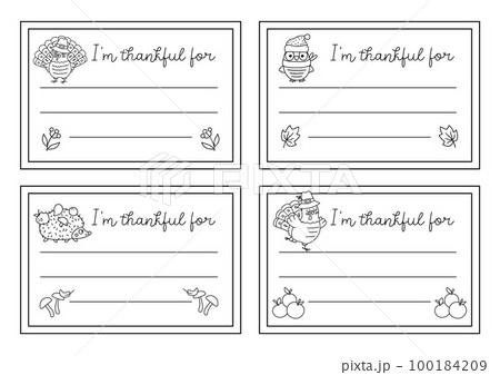 Vector black and white Thanksgiving cards set. Im thankful for horizontal line templates collection with cute turkey, pumpkin, owl, hedgehog. Autumn outline holiday frame designs for kids. 100184209