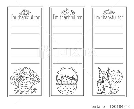 Vector black and white Thanksgiving cards set. Im thankful for vertical line templates collection with cute turkey, pumpkin, owl. Autumn outline holiday frame or bookmark designs for kids. 100184210