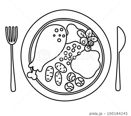 Vector black and white plate with traditional Thanksgiving meal, fork and knife. Outline roast turkey with cranberry sauce. Christmas or Thanksgiving festive food. Holiday outline meal illustration Vector black and white plate with traditional Thanksgiving meal, fork and knife. Outline roast turkey with cranberry sauce. Christmas or Thanksgiving festive food. Holiday outline meal illustration 100184245