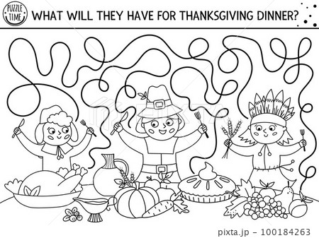 Thanksgiving black and white maze for children. Autumn holiday line printable activity. Fall labyrinth game or coloring page with first Americans, native Indian, holiday festive food 100184263