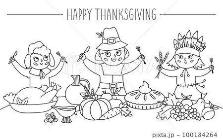 Happy black and white pilgrims and native American Indian give thanks for the food. Thanksgiving Day line characters and traditional holiday meal illustration. Vector outline autumn table scene 100184264