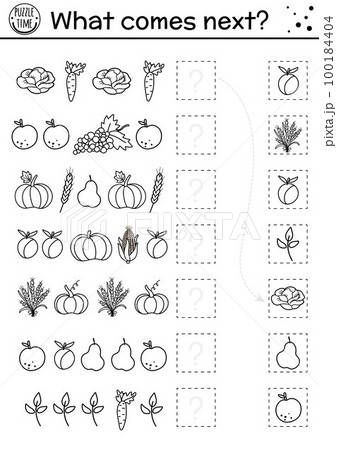 What comes next. Matching black and white activity for kids with autumn fruit and vegetables. Line fall puzzle. Logical worksheet with harvest. Thanksgiving continue the row game. What comes next. Matching black and white activity for kids with autumn fruit and vegetables. Line fall puzzle. Logical worksheet with harvest. Thanksgiving continue the row game. 100184404