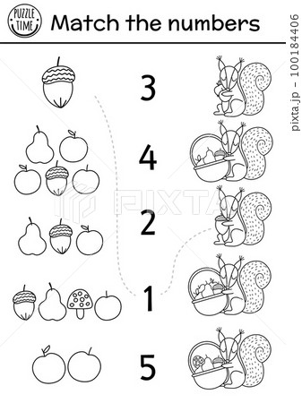 Match the numbers black and white game with squirrel and fruit basket. Autumn line farm or forest math activity with cute animal. Educational printable counting worksheet for kids Match the numbers black and white game with squirrel and fruit basket. Autumn line farm or forest math activity with cute animal. Educational printable counting worksheet for kids 100184406