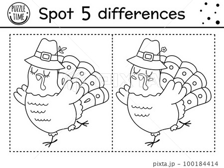 Find differences game for children. Thanksgiving black and white educational activity with funny turkey. Printable line worksheet. Autumn holiday puzzle for kids. Fall preschool coloring page 100184414