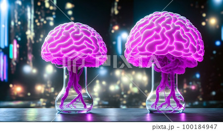 Artificially grown biomechanical human brains in glass jars for artificial intelligence and androids and machine learning. Digital artwork illustration.  100184947