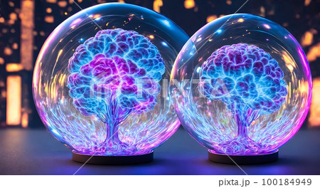 Artificially grown biomechanical human brains in glass jars for artificial intelligence and androids and machine learning. Digital artwork illustration.  100184949